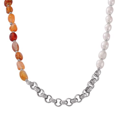 Natural Freshwater Pearl Necklace Titanium Steel with Natural Stone & Freshwater Pearl handmade fashion jewelry & for woman original color Length Approx 45 cm Sold By PC