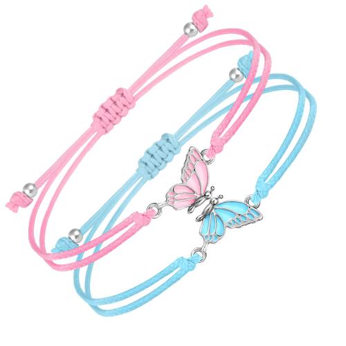 Zinc Alloy Couple Bracelet with Glass Beads & Wax Cord Butterfly handmade & for couple & enamel Length Approx 6-11 Inch Sold By Set