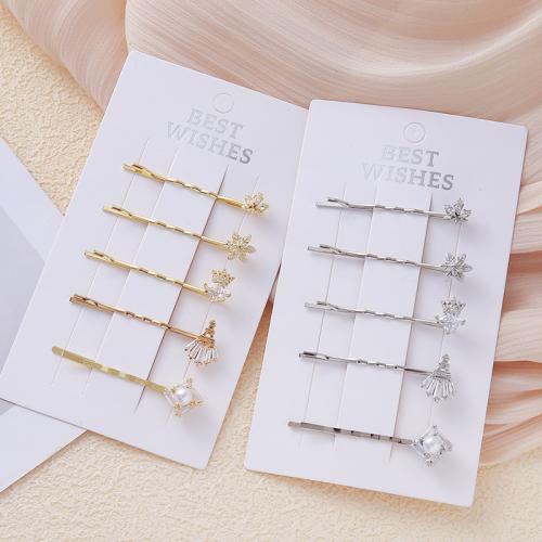 Zinc Alloy Hair Slide with Plastic Pearl plated fashion jewelry & micro pave cubic zirconia & for woman Sold By Set