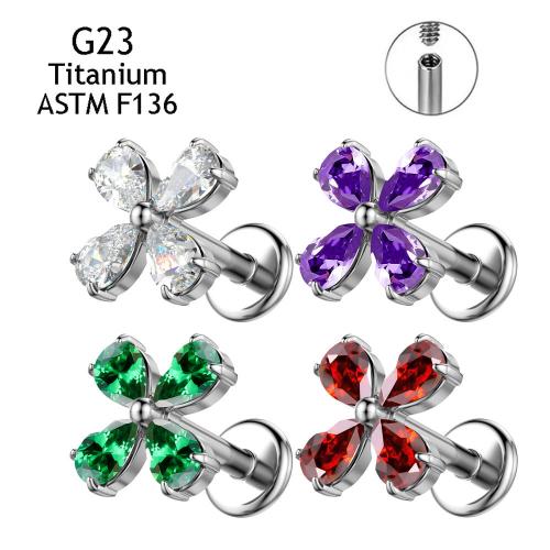 Titanium Alloy Piercing Earring Four Leaf Clover Unisex & micro pave cubic zirconia Sold By PC