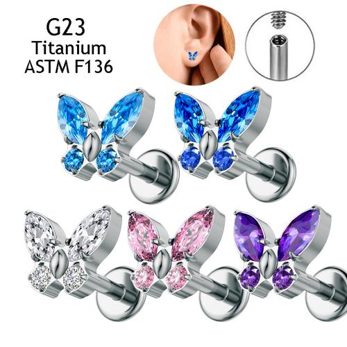 Alliage de titane piercing oreille, papillon, unisexe & normes différentes pour le choix & pavé de micro zircon, plus de couleurs à choisir, Vendu par PC