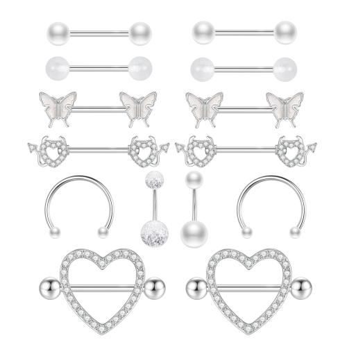 304 Stainless Steel nipple ring with Plastic Pearl for woman & with rhinestone Sold By Set