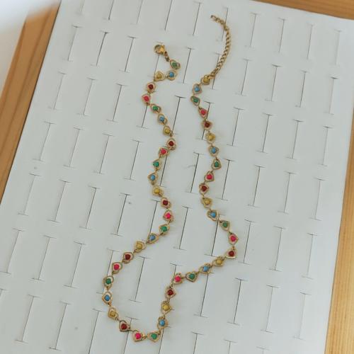 Stainless Steel Chain Necklace 304 Stainless Steel Heart gold color plated for woman & enamel multi-colored Sold By PC