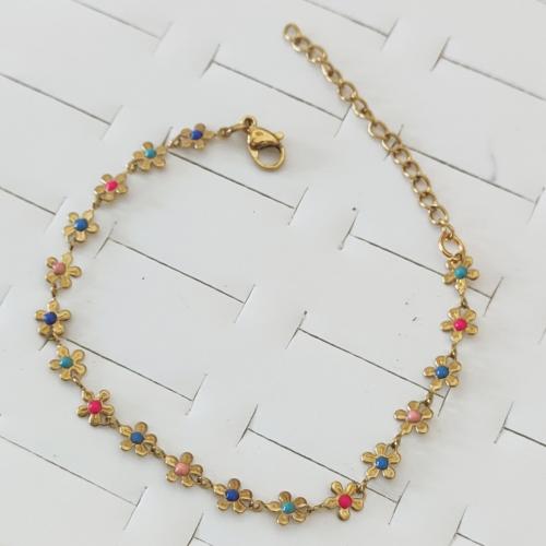 Stainless Steel Jewelry Bracelet 304 Stainless Steel Flower gold color plated for woman & enamel multi-colored Sold By PC