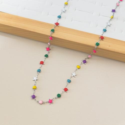 Stainless Steel Chain Necklace 304 Stainless Steel Star silver color plated for woman & enamel multi-colored Sold By PC