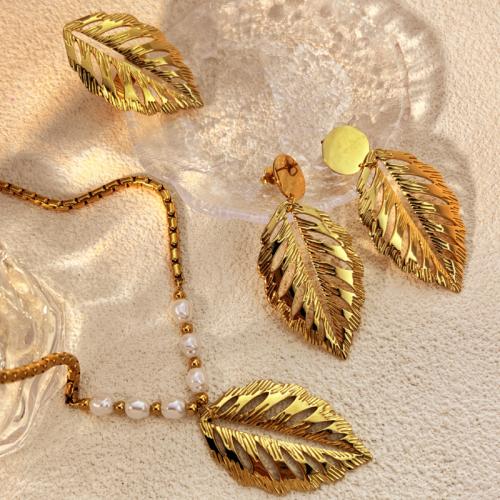 Fashion Stainless Steel Jewelry Sets 304 Stainless Steel Leaf plated & for woman & hollow golden Sold By PC