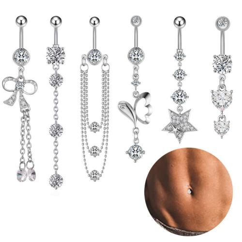 304 roestvrij staal buik ring, uniseks & verschillende stijlen voor de keuze & micro pave zirconia, belly ring length 30-50mm, Verkocht door PC