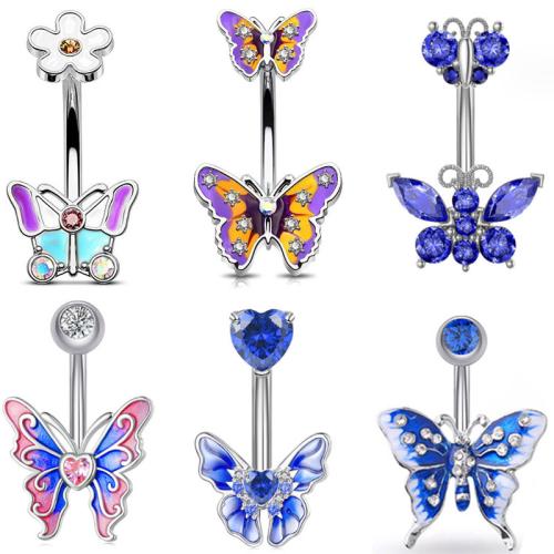 304 Stainless Steel Belly Ring Butterfly Unisex & micro pave cubic zirconia & enamel 10mm Sold By PC