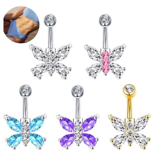 Messing mave ring, Butterfly, forgyldt, Unisex & Micro Pave cubic zirconia, flere farver til valg, 10mm, Solgt af PC