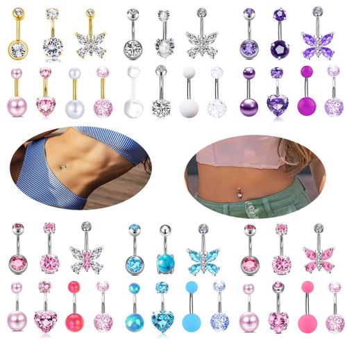 304 rozsdamentes acél belly ring, -val Akril, egynemű & mikro egyengetni cirkónia, több színt a választás, belly ring length 20-25mm, Által értékesített Set