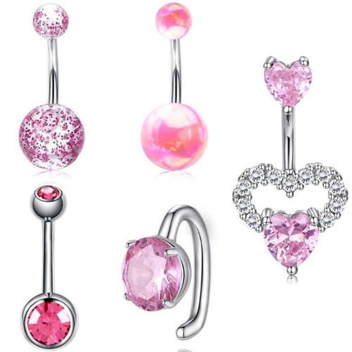 304 Stainless Steel Belly Ring with Acrylic 5 pieces & Unisex & micro pave cubic zirconia pink belly ring length 20-30mm Sold By Set