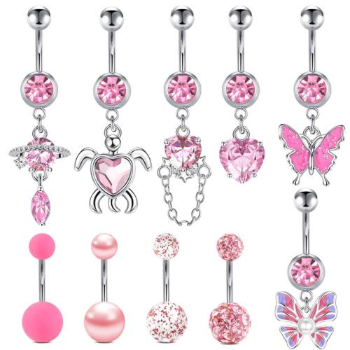 304 Stainless Steel Belly Ring with Polymer Clay & Rubber & Plastic Pearl Unisex & micro pave cubic zirconia & enamel pink belly ring length 20-50mm Sold By PC