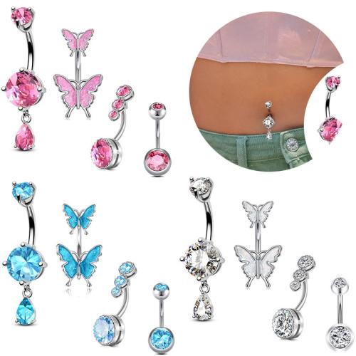 304 rozsdamentes acél belly ring, egynemű & mikro egyengetni cirkónia & zománc, több színt a választás, belly ring length 20-30mm, Által értékesített Set