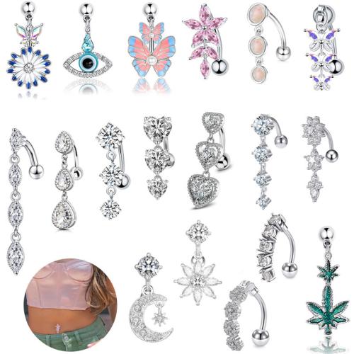 316 Roestvrij staal buik ring, plated, uniseks & verschillende stijlen voor de keuze & micro pave zirconia & glazuur, belly ring length 10-30mm, Verkocht door PC