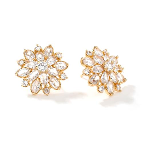 Boucles d'oreilles en laiton zircon cubique pavent, fleur, Placage, bijoux de mode & pavé de micro zircon & pour femme, plus de couleurs à choisir, Vendu par paire