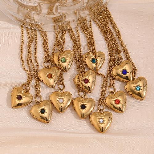 Fashion Locket Necklace 304 Stainless Steel Heart gold color plated for woman & with rhinestone Sold By PC