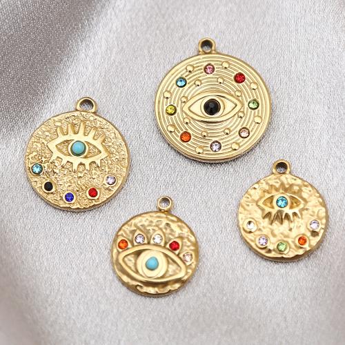 Stainless Steel Pendants 304 Stainless Steel Round gold color plated DIY & with rhinestone Sold By PC