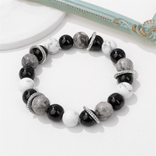 Gemstone Bracelets Map Stone with Howlite & Elastic Thread Round silver color plated Unisex black Sold By PC