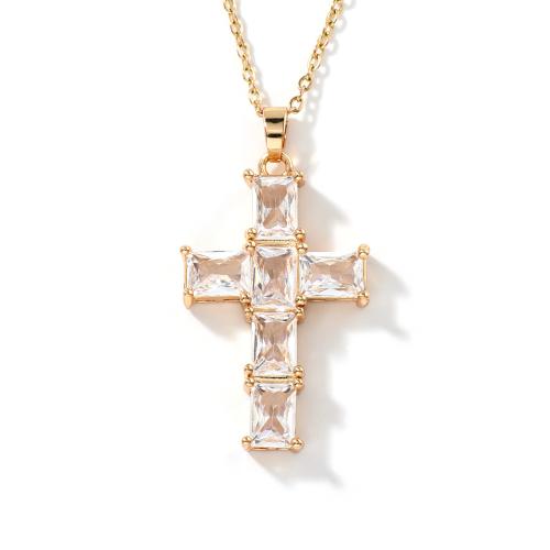 Cubic Zircon Micro Pave Brass Necklace with 5cm extender chain Cross plated & micro pave cubic zirconia & for woman Length 40 cm Sold By PC