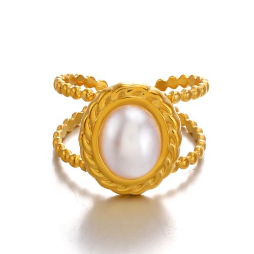 Vinger Ring in edelstaal, 304 roestvrij staal, met Plastic Pearl, plated, mode sieraden & voor vrouw & hol, gouden, Verkocht door PC