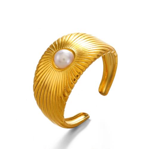 Stainless Steel Finger Ring 304 Stainless Steel with Plastic Pearl plated fashion jewelry & for woman golden Sold By PC