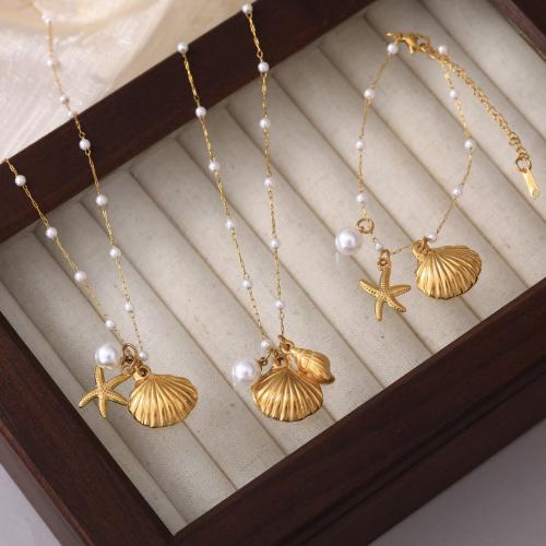 Fashion Stainless Steel Jewelry Sets 304 Stainless Steel with Plastic Pearl Vacuum Ion Plating for woman Length 41-50 cm Sold By PC