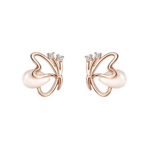 925 Sterling Silver Stud Earring with Cats Eye Butterfly rose gold color plated fashion jewelry & for woman & with rhinestone 15mm Sold By Pair