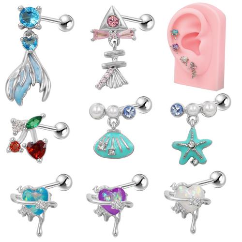 Titanium Steel Piercing Earring with Plastic Pearl Unisex & enamel & with rhinestone Sold By PC