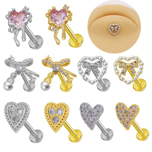 304 Stainless Steel Lip Piercing Stud with Plastic Pearl plated Unisex & with rhinestone Sold By PC