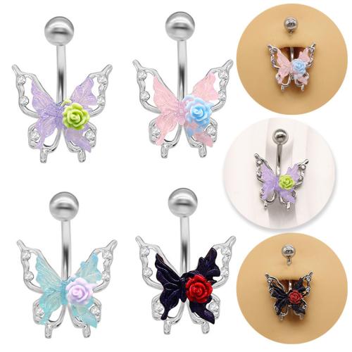 Zinc Alloy Belly Ring with Resin Butterfly plated Unisex & with rhinestone & hollow Sold By PC