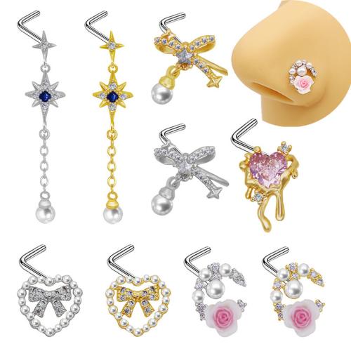 304 Stainless Steel Nose Piercing Jewelry with Plastic Pearl plated Unisex & with rhinestone Sold By PC