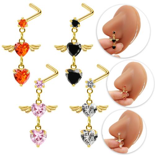 304 Stainless Steel Nose Piercing Jewelry Heart gold color plated Unisex & micro pave cubic zirconia 26mm Sold By PC