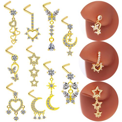 316L Stainless Steel Nose Piercing Jewelry gold color plated Unisex & with rhinestone Sold By PC