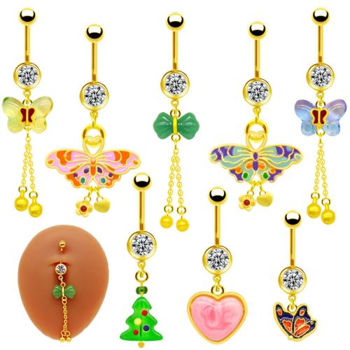 Zinc Alloy Belly Ring with Acrylic gold color plated Unisex & enamel & with rhinestone belly ring length 30-60mm Sold By PC