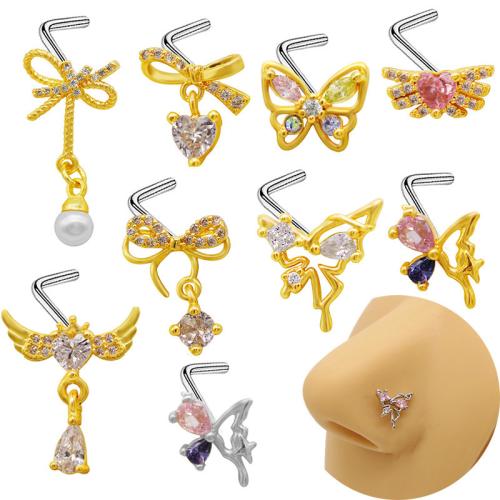 304 rustfrit stål Næse Piercing Smykker, med Plastic Pearl, forgyldt, Unisex & forskellige stilarter for valg & med cubic zirconia & med rhinestone, Solgt af PC