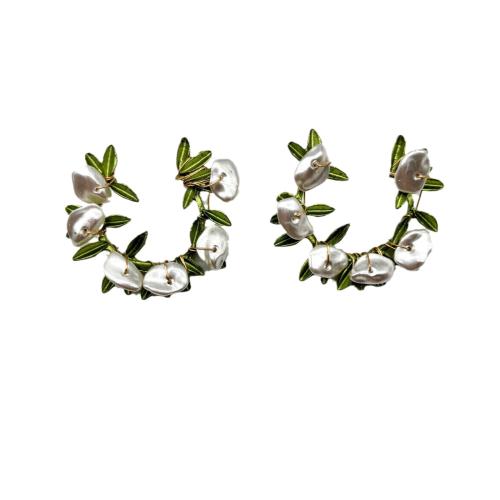 Boucles d'oreilles en perles d'eau douce, perle d'eau douce cultivée, avec laiton, Placage de couleur d'or, bijoux de mode & pour femme & émail, 35mm, Vendu par PC