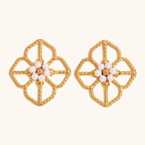 Boucle d'oreille de gaujon en acier inoxydable, Acier inoxydable 304, avec perle de plastique, fleur, Placage de couleur d'or, pour femme, Vendu par paire