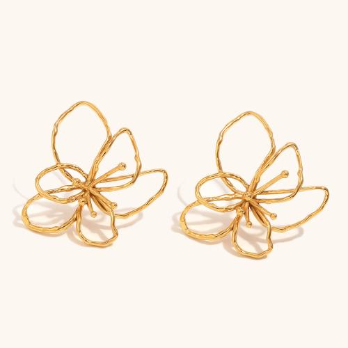 Stainless Steel Stud Earrings 304 Stainless Steel Flower gold color plated for woman Sold By Pair