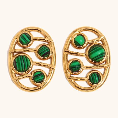 Stainless Steel Stud Earrings 304 Stainless Steel with Malachite gold color plated DIY green Sold By Pair