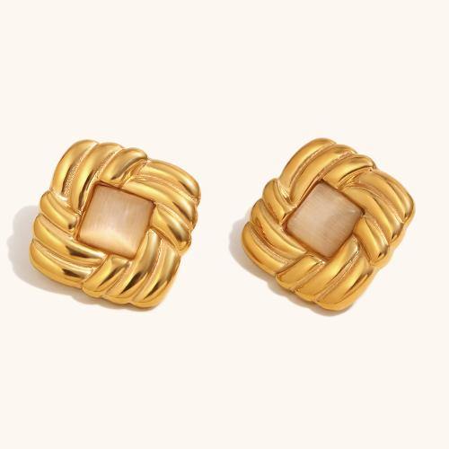 Roestvrij staal Stud Earrings, 304 roestvrij staal, met Cats Eye, Square, gold plated, voor vrouw, Verkocht door pair