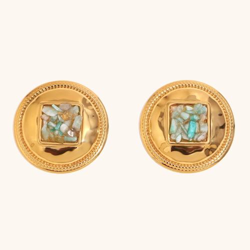 Stainless Steel Stud Earrings 304 Stainless Steel with turquoise Round gold color plated for woman Sold By Pair