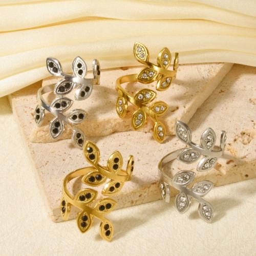 Rhinestone Stainless Steel Finger Ring 304 Stainless Steel Leaf plated for woman & with rhinestone Sold By PC