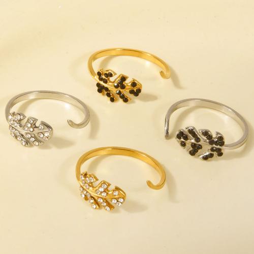 Rhinestone Stainless Steel Finger Ring 304 Stainless Steel Leaf plated for woman & with rhinestone Sold By PC