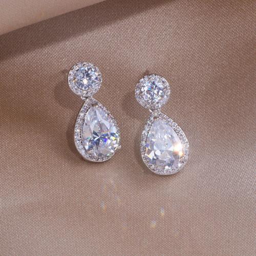 Cubic Zirconia Micro Pave Brass Earring with Cubic Zirconia Teardrop plated fashion jewelry & for woman Sold By Pair