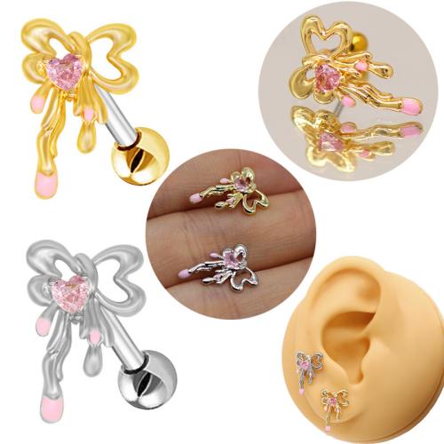 316L Stainless Steel Piercing Earring Bowknot plated Unisex & enamel & with rhinestone 15mm Sold By PC