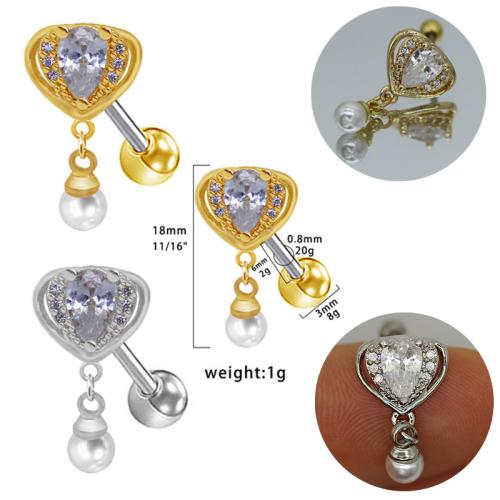 Titantium acciaio orecchino piercing, with perla in plastica, Cuore, placcato, unisex & con strass, nessuno, 18mm, Venduto da PC