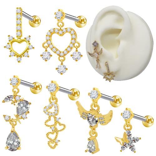 Titanium Steel Piercing Earring gold color plated Unisex & with rhinestone Sold By PC