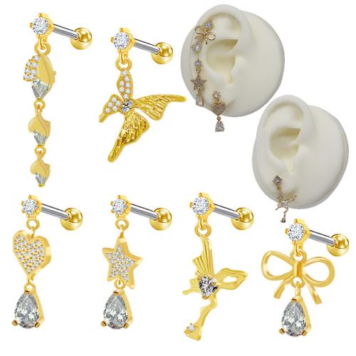 Titantium acciaio orecchino piercing, placcato color oro, unisex & stili diversi per la scelta & Micro spianare cubic zirconia, Venduto da PC