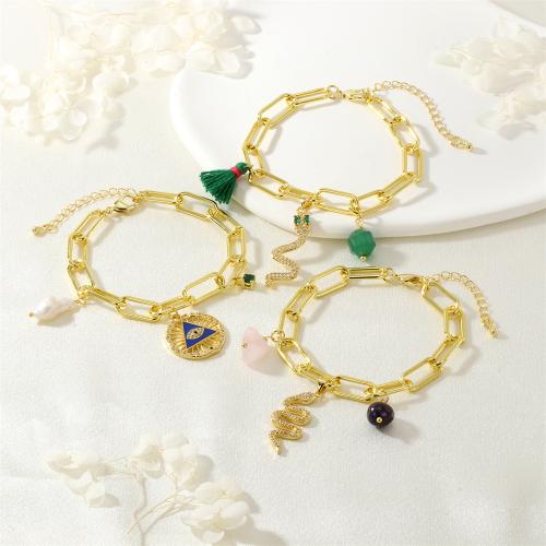 Bracelets de pierres précieuses, laiton, avec pierre gemme & perle d'eau douce cultivée, Placage de couleur d'or, bijoux de mode & pavé de micro zircon & pour femme & émail, plus de couleurs à choisir, protéger l'environnement, sans nickel, plomb et cadmium, Longueur Environ 16-22 cm, Vendu par PC