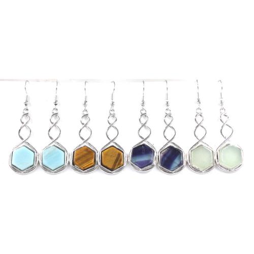 Gemstone Earrings, Aço inoxidável 304, with Pedra natural, Hexagono, cromado de cor prateada, materiais diferentes para a escolha & para mulher, Mais cores pare escolha, 17x38mm, vendido por par